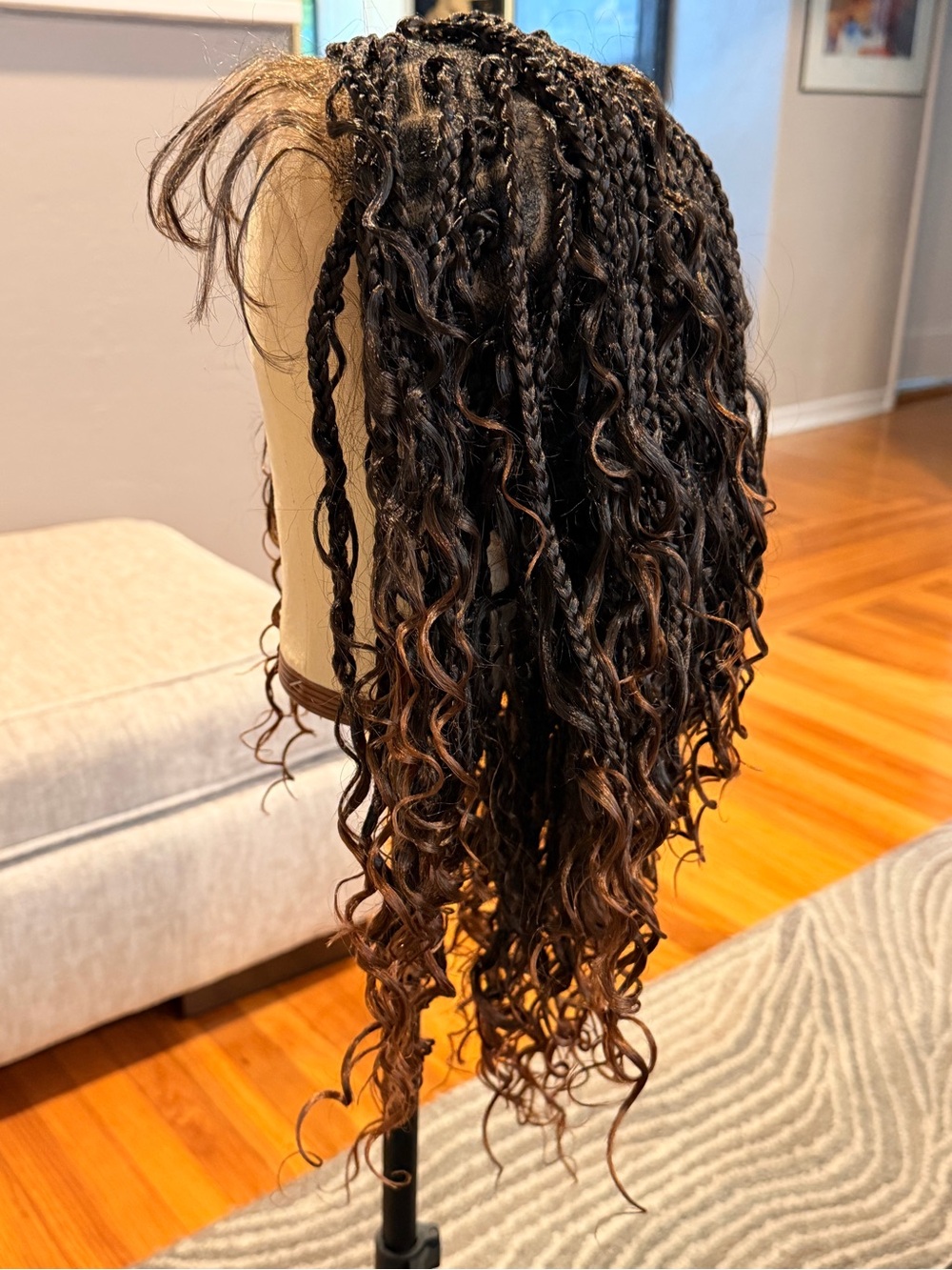 Synthetic Natural Black to Brown Ombre Braided Curly Wig Full Lace Cap #214 - Picture 3 of 16